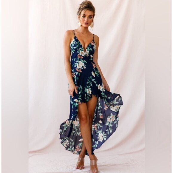 Selfie Leslie Imelda V neckline high low hem dress Floral print Navy blue SMALL - Picture 14 of 16